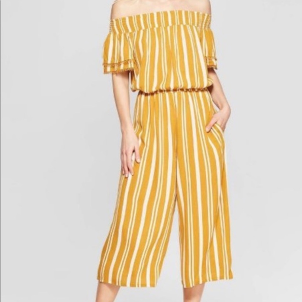 Striped Off The Shoulder Mustard Yellow Jumpsuit